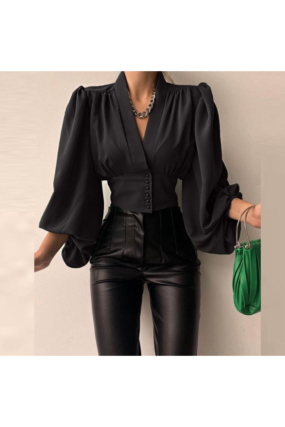 Womens Tops Long Sleeve Shirts Fall Women Spring Casual Solid V Neck Lantern Long Sleeve Buttons Pullover Blouse Shirt Draw Back Short Tops Black