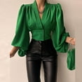 thumbnail image 1 of kayannuo Womens Tops Long Sleeve Shirts Fall Women Spring Casual Solid V Neck Lantern Long Sleeve Buttons Pullover Blouse Shirt Draw Back Short Tops Green, 1 of 5