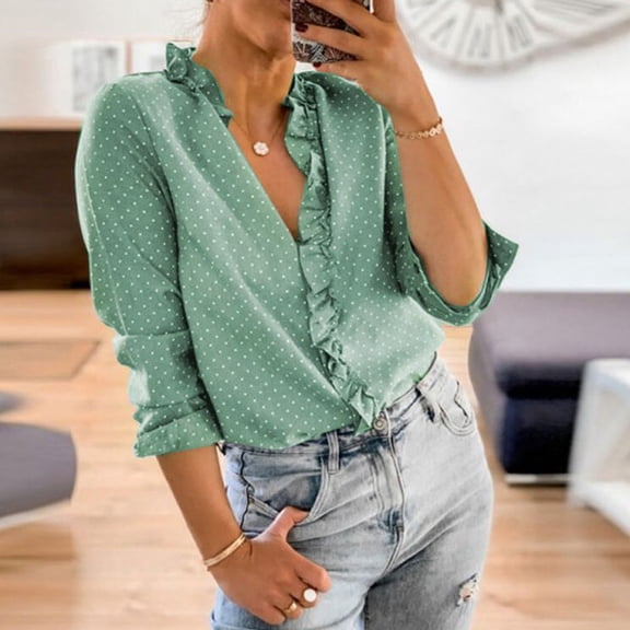 kayannuo Womens Tops Long Sleeve Shirts Fall Women Wave Point Print Blouse Tops Cotton Long Sleeve Coat V-Neck Blouse Green