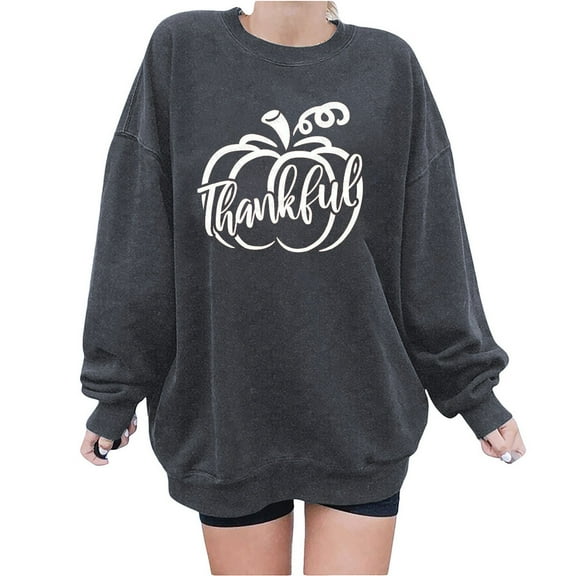 kayannuo Womens Tops Long Sleeve Shirts Fall Women's Fashion Thanksgiving Printed Loose Long Sleeve Blouse Round Neck Casual Pullover Tops Sweatershirt Dark Gray