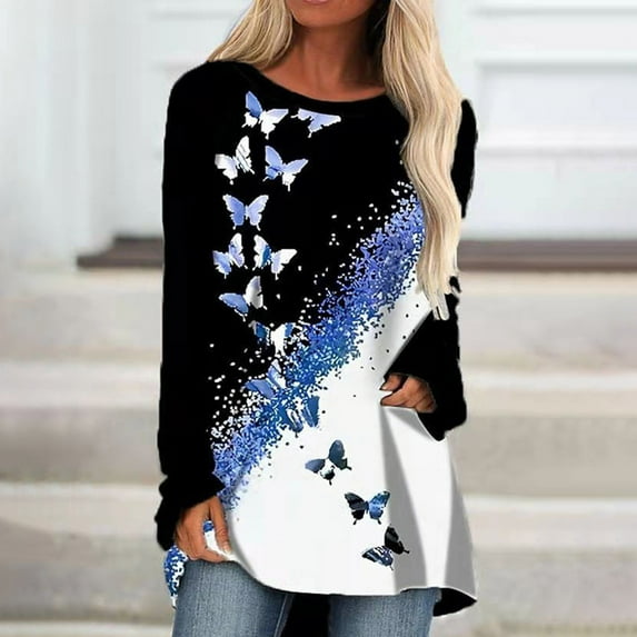 Kayannuo Clearance Womens Tops Long Sleeve Shirts Fall Clearance Women's O-neck Casual Long-Sleeved Butterfly Print Pullover Tops Blue