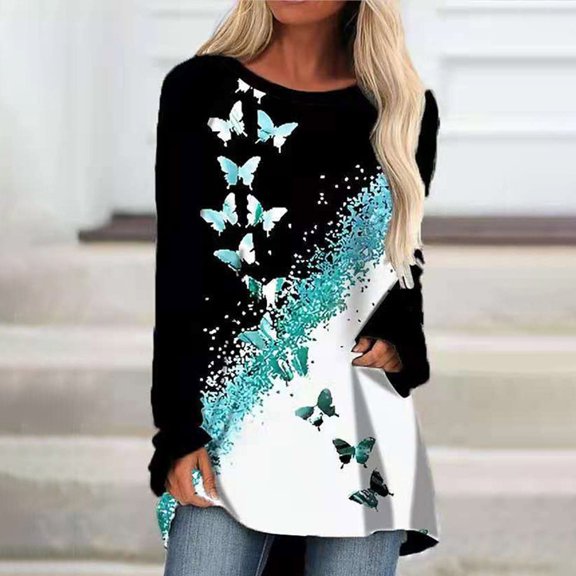 kayannuo Womens Tops Long Sleeve Shirts Fall Women's O-neck Casual Long-Sleeved Butterfly Print Pullover Tops Green