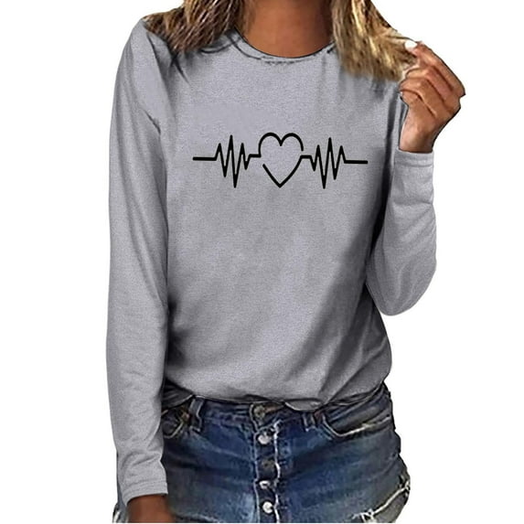 kayannuo Womens Tops Long Sleeve Shirts Fall Women's Printed Casual Loose Round Neck Long Sleeve T-shirt Tops Blouse Gray