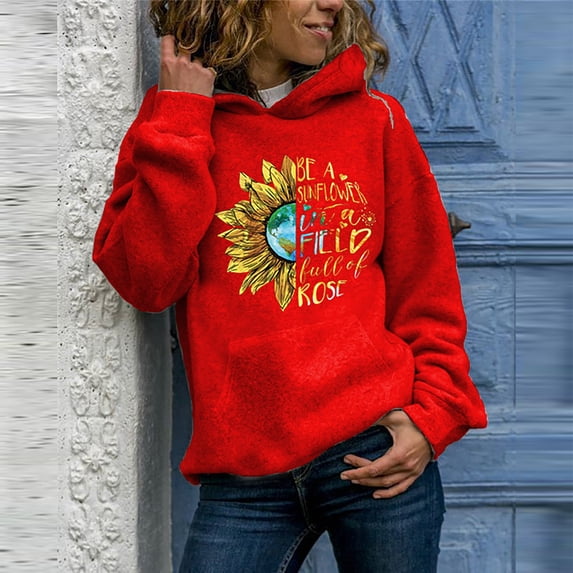 kayannuo Womens Tops Long Sleeve Shirts Fall Womens Casual Hoodies Jumper Tops Ladies Sunflower Print Sweatshirt Blouse Tee Red