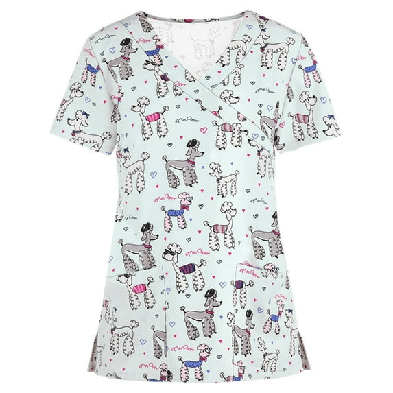 kayannuo Womens Tops Short Sleeves Summer Women Short Sleeve V-neck Tops Working Uniform Cartoon Print Blouse Gifts for Women