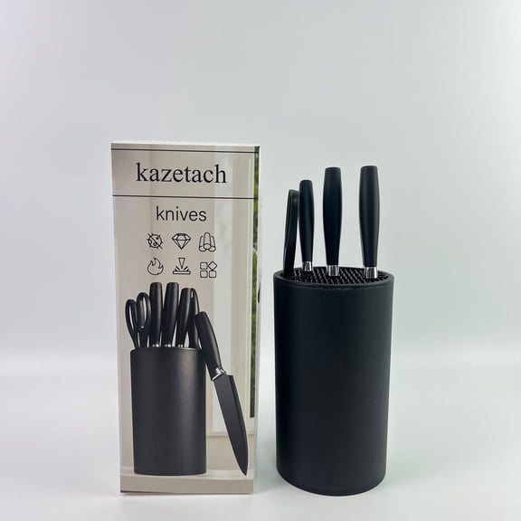 kazetach knives,Knife Set, 4-Piece Kitchen Knife Set with Universal Block - Anti-Rust Chef Knives, Ergonomic Design, Dishwasher Safe (Black)