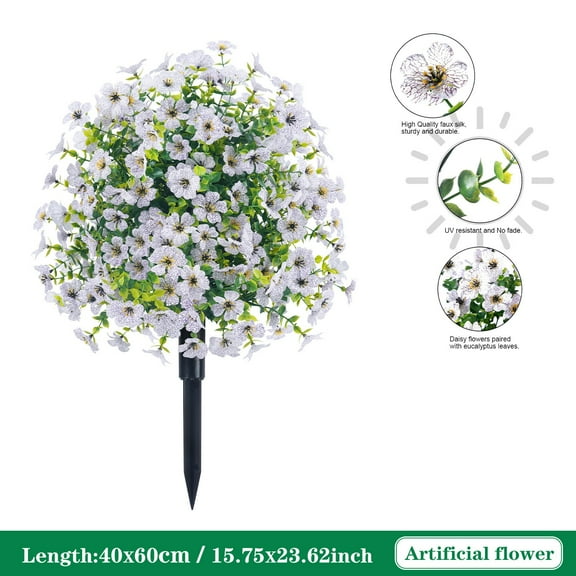 kcavykas 22in Artificial Violet Garden Stake Flowers with Ground Spikes, Faux Shrubs for Outdoor Yard, Patio, Porch, Wedding or Party Decoration White