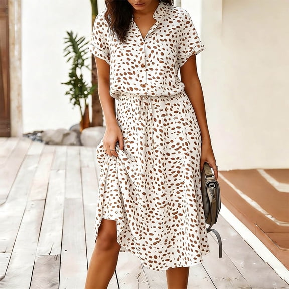 kcavykas Casual Dresses for Women V Neck Short Sleeve Loose Fit Polka Dot Drawstring Midi Shirt Dress Comfy Flowy for Casual Wear (White XL)