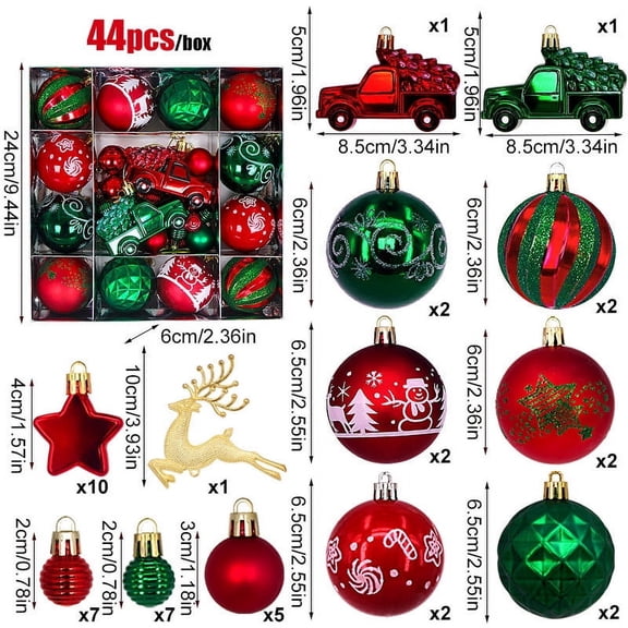 kcavykas Christmas Ball Ornaments 44pc Set, Painted Plastic Electroplated Holiday Decorations, Multicolor Hanging Baubles, Lightweight, Easy to Hang, 44 Piece Set