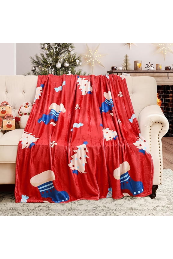 Christmas Blanket Red Print Soft Warm Nap Blanket 130x100cm Sofa and Bed Throw Indoor, Camping, and Holiday Festival Use Cozy Socks-Themed Seasonal Decor Gift