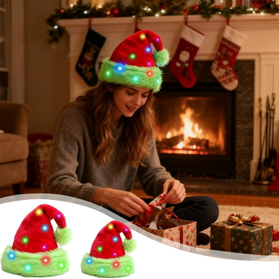 kcavykas Christmas Decorations LED Santa Hat Christmas Lighted Two-Ply Flock Fabric Santa Cap With String of LED Lights Soft Lined Warm Holiday Party Decoration for Adults and Kids Christmas