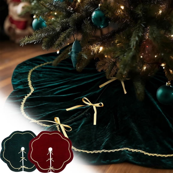 kcavykas Christmas Stockings Christmas Tree Skirt Velvet Decorative 35.4 in Round Tree Collar Skirt Plush Holiday Base Cover With Embroidered Gold Trim Reversible Faux Fur Backing Elegant Home Decor