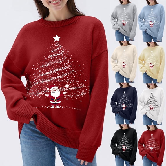 kcavykas Cute Sweaters Christmas Sweaters for Women Knit Pullover Loose Crew Neck Long Sleeve Holiday Print Top Festive Cozy Warm for Winter Christmas Events Wear Gray XL