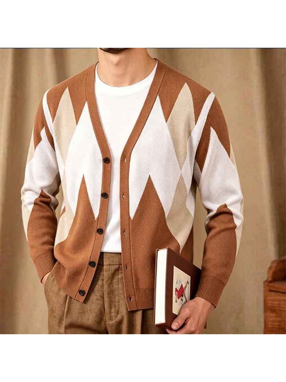 Fall Jackets Men's Loose Fit Vintage Cardigan V Neck Long Sleeve Argyle Print Color Block with Button down Casual Layering Outerwear for Everyday Casual Daily Wear (Coffee L)