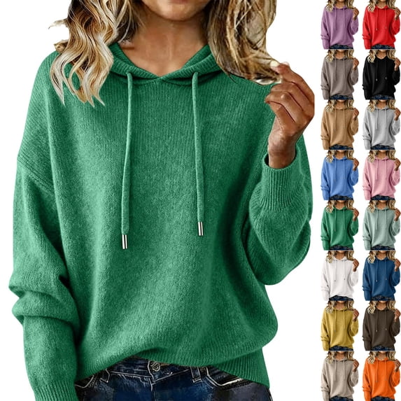 kcavykas Fall Sweaters for Women Hoodie Sweaters for Women Pullover Fitted Long Sleeve Solid Casual Knit Top with Hood Cozy Warm for Cold Weather Daily Wear Fashion Comfort Dark Blue S