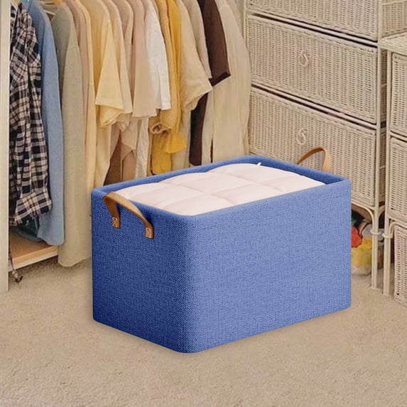 kcavykas Foldable Closet Organizer with Lid Fabric Storage Box for Bedroom Clothes Stackable Container with Handles Shelf Organizer Space Saver Navy A