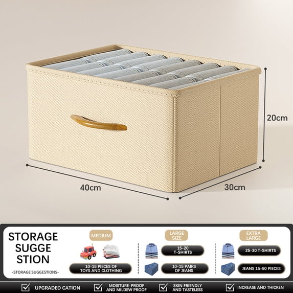 kcavykas Foldable Fabric Storage Box with Wooden Handle Clothes Organizer for Wardrobe Pants Quilts Stackable Container Shelf Organizer Stackable Design Beige L