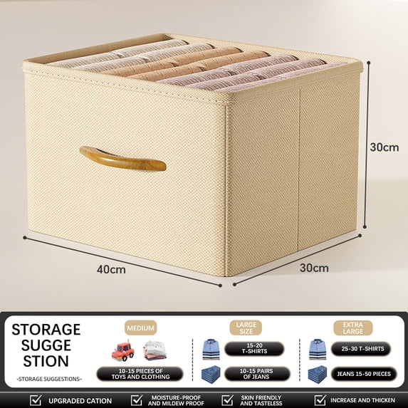 kcavykas Foldable Fabric Storage Box with Wooden Handle Clothes Organizer for Wardrobe Pants Quilts Stackable Container Storage Containers Easy to Clean Beige XL