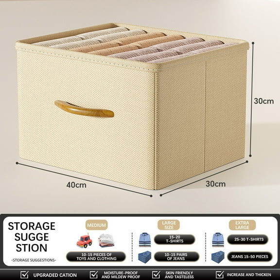 kcavykas Foldable Fabric Storage Box with Wooden Handle Clothes Organizer for Wardrobe Pants Quilts Stackable Container Storage Containers Easy to Clean Beige XL