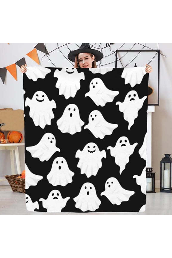 Halloween Home Decor Flannel Blanket Ghost Print Party Throw Sofa, Bed, and Indoor Seasonal Use Cozy 100 x 70cm Indoor Holiday Accent Halloween Celebration Decor Gift