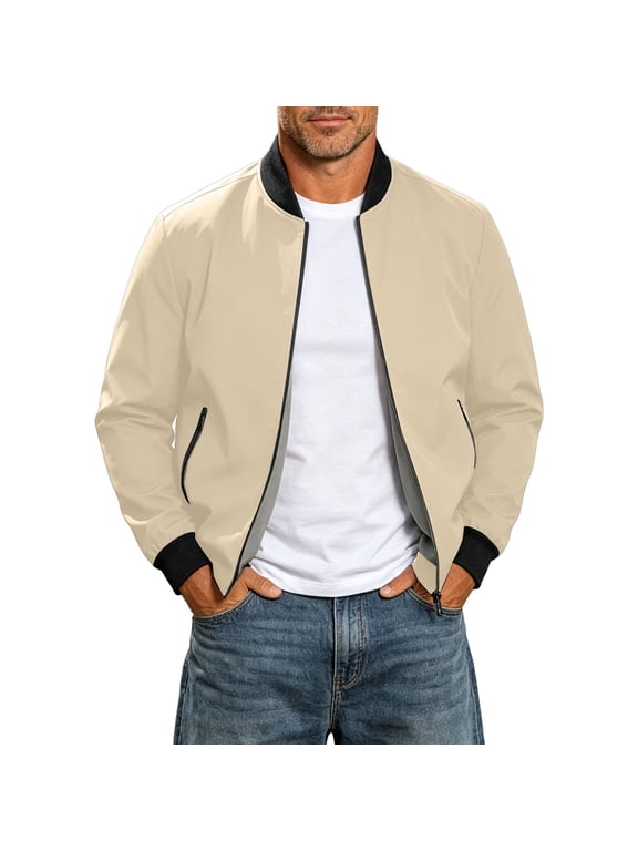 Jacket Men Regular Fit Baseball Bomber Jacket Stand Collar Long Sleeve Solid Color with Zip up Windproof Casual Lightweight Outerwear for Shopping (Khaki XXXL)