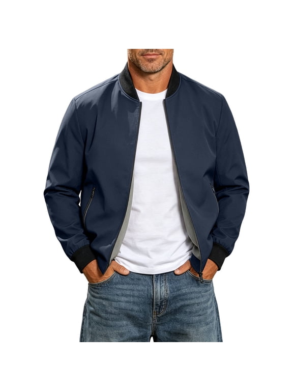 Jacket Regular Fit Baseball Bomber Jacket Stand Collar Long Sleeve Solid Color with Zip up Windproof Casual Lightweight Outerwear for Daily Wear (Navy L)