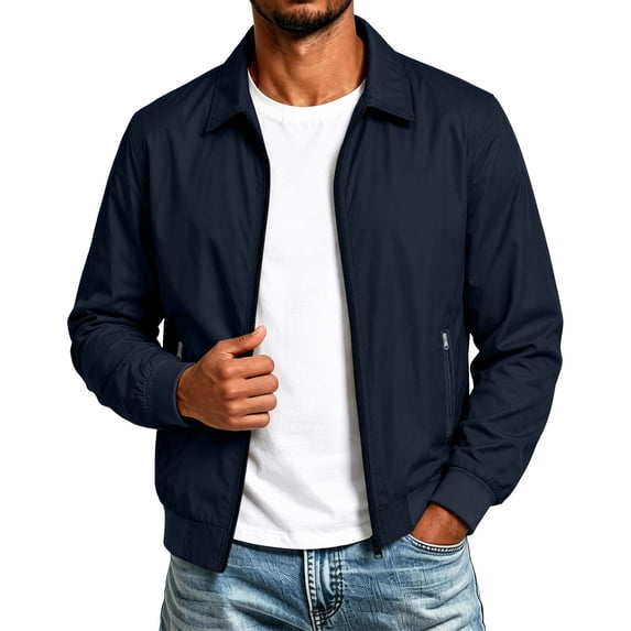 kcavykas Mens Jackets Regular Fit Casual Jacket Stand Collar Long Sleeve Solid Color with Zip up Basic Everyday Outerwear Top for Daily Commute (Navy XXL)