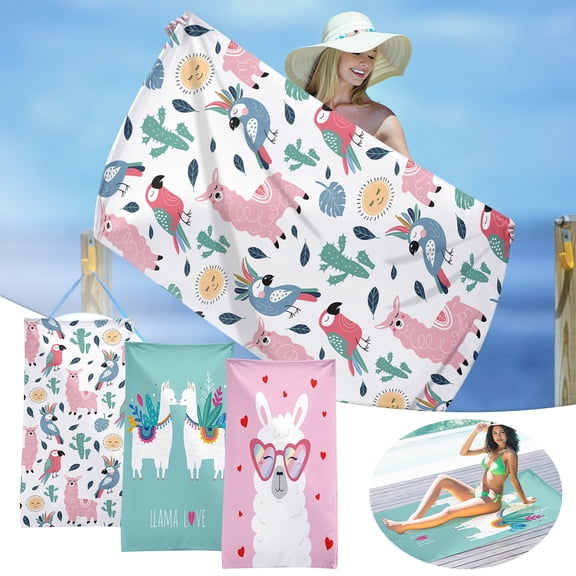 kcavykas Microfiber Printed Beach Towel 29.5 x 59 in Alpaca Design Oversized With Snap Sandproof Quick-Dry Travel Beach Blanket, Soft Lightweight Pool Shawl, Packable Swim Towel, Beach Towel