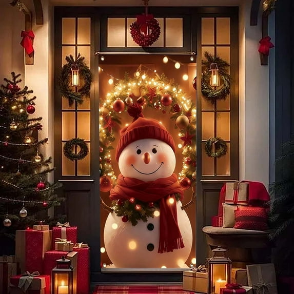 kcavykas Outdoor Christmas Decorations Holiday Christmas Door Curtain Decorative Scene Backdrop Cover With Winter Tree Print Heavy-Duty Thermal Fabric Doorway Curtain for Front Door Entryway Decor