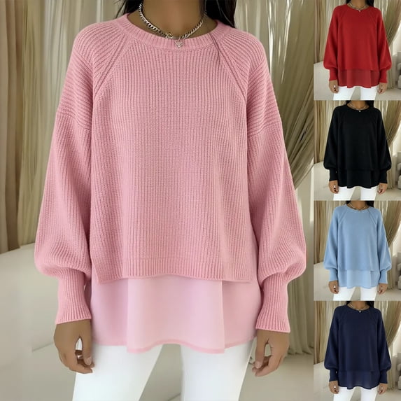 kcavykas Women's Sweaters Lantern Sleeve Sweaters for Women Pullover Oversized Crew Neck Solid Chiffon Hem Casual Knit Top Fashion Cozy Warm for Cold Weather Wear Red XXL
