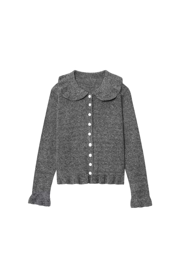 Womens Sweater Peter Pan Collar Cardigan Sweaters for Women Button Front Crew Neck Long Sleeve Solid Casual Knit Coat Warm Cozy for Cold Weather Daily Wear Gray S