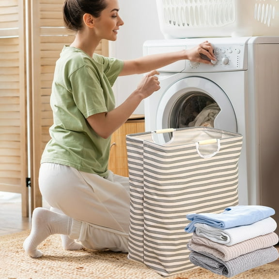 kchsji Canvas Storage Bag, Large Capacity Canvas Storage Bag - Metal Frame Organizer for Clothes Toys Blankets - Foldable Laundry Hamper with Handles