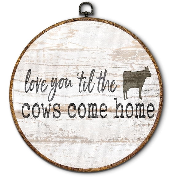 kdqua Vintage Farmhouse Cow Round Wall Art Decor, Love You Till the Cows Come Home Canvas Artwork Framed, Rustic Western Farm Animals Wall Hanging Decorations for Home Bedroom Living Room, 10x10 Inch