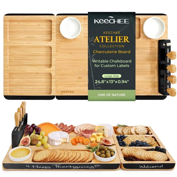 keechee Charcuterie Boards Set, Large Bamboo Cheese Board Set with Chalkboard Edge & Forks Set - Ideal for Housewarming Gift, Weddings, Bridal Showers, and Unique Gifts for Womem