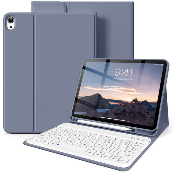 kenke for iPad 11/10th Gen Case with Keyboard 11/10.9 inch 2025 A16/2022, Detachable Wireless Bluetooth Keyboard Case Thin & Light with Built-in Left Side Pencil Holder,White Square Keycaps, Purple