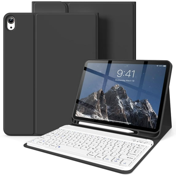 kenke for iPad 11/10th Gen Case with Keyboard 11/10.9 inch 2025 A16/2022, Detachable Wireless Bluetooth Keyboard Case Thin & Light with Built-in Left Side Pencil Holder,White Square Keycaps, Black