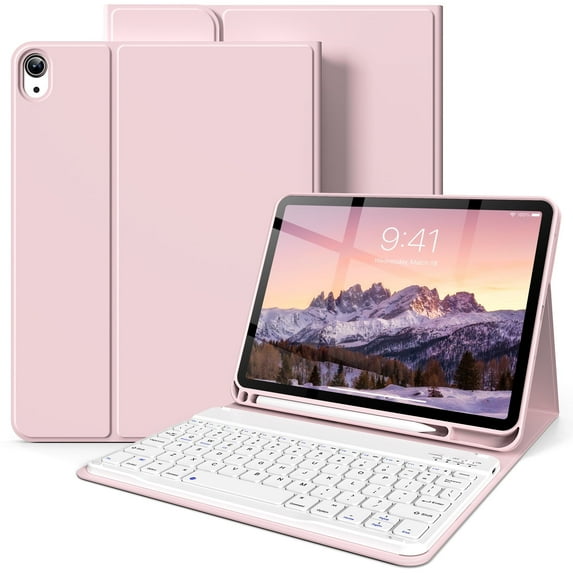 kenke for iPad 11/10th Gen Case with Keyboard 11/10.9 inch 2025 A16/2022, Detachable Wireless Bluetooth Keyboard Case Thin & Light with Built-in Left Side Pencil Holder,White Square Keycaps, Pink