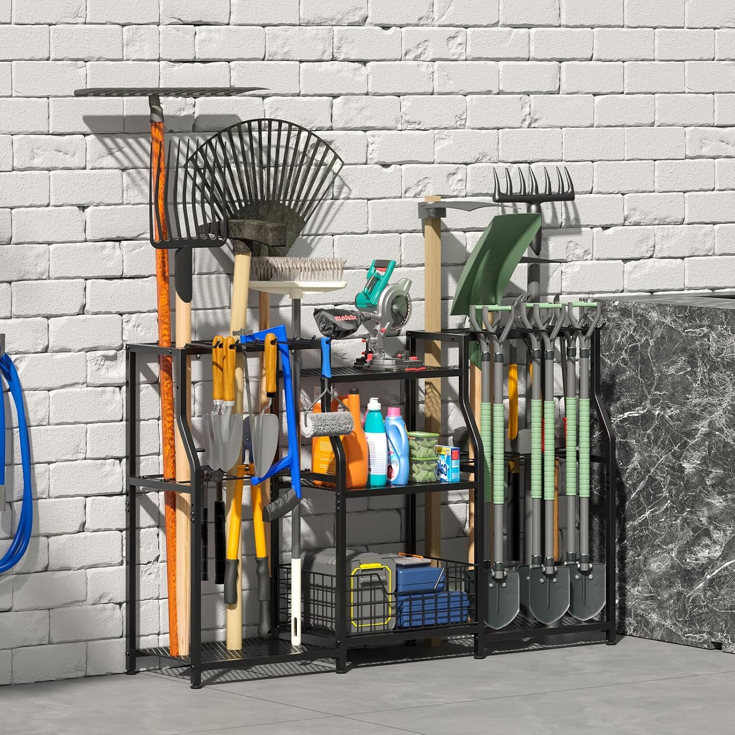 X-COSRACK Heavy Duty Garden Tool Organizer, 3-Tier Steel Yard Tool Rack Tower with Basket & Hooks, Garage Storage for Shed, Black
