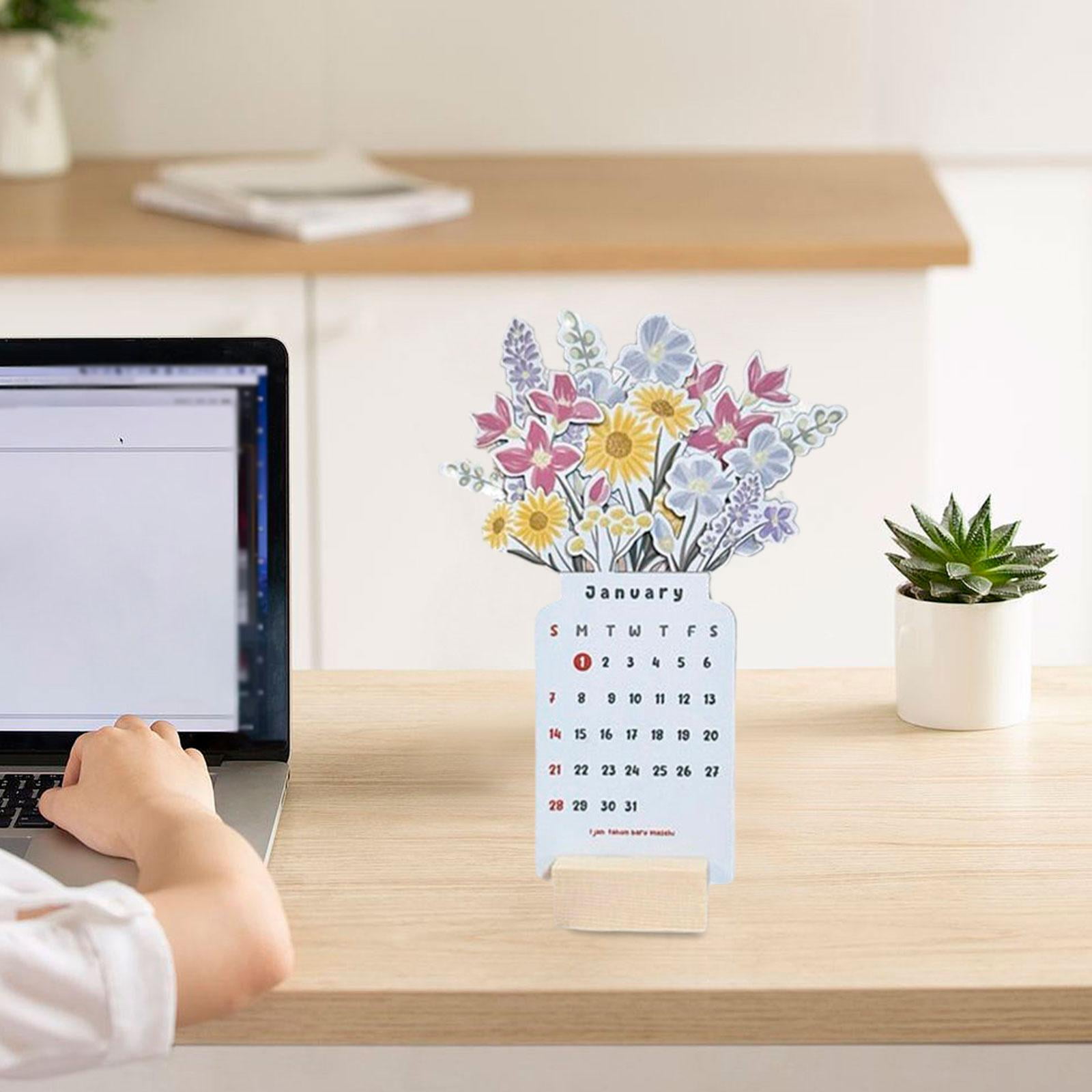 kesoto 2024 Desk Calendar Stand up Calendar Creative Small Vase Shaped Tabletop Ornament Floral