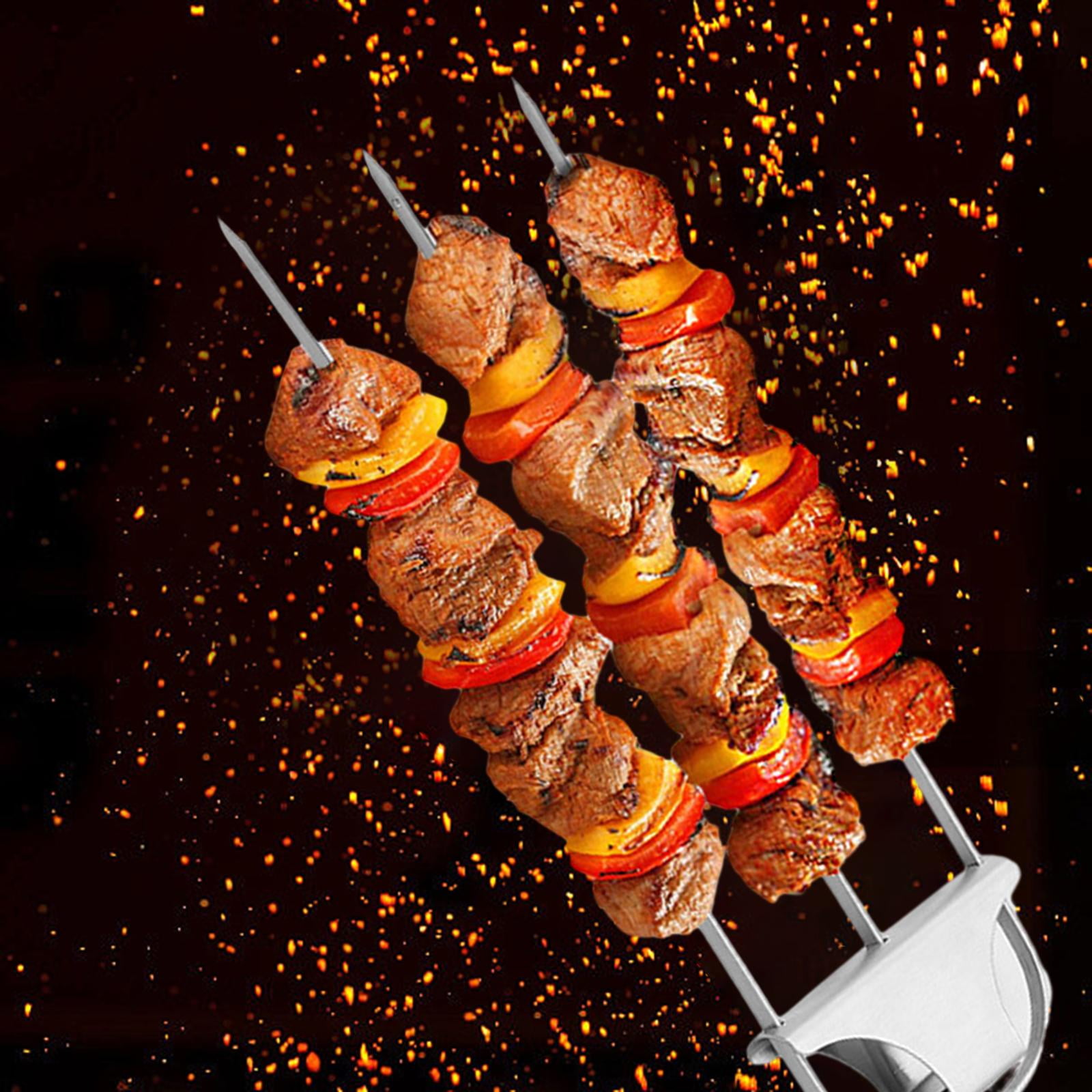 kesoto 3 Prong Metal Kabob Skewer with Push Bar Stainless Steel Sticks 14inch Reusable Kabob