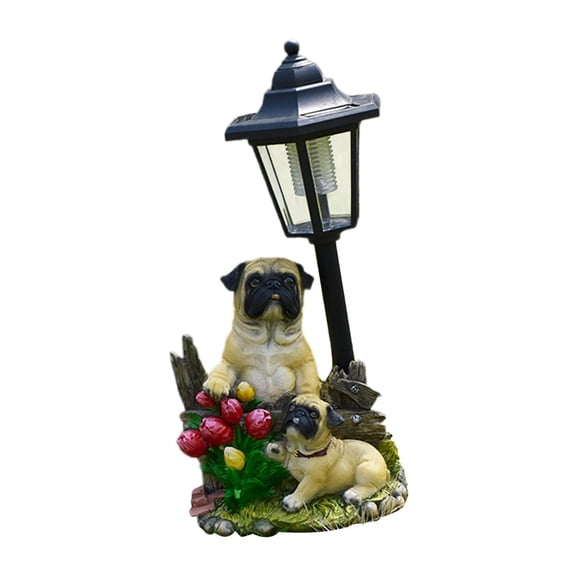 kesoto Garden Pug Dog Statue Solar Post Lamp Lawn Ornament Lovely Waterproof Resin Sculpture for Spring Summer Decor Multifunctional