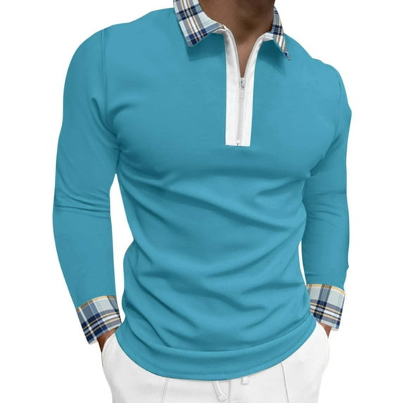 ketyyh-chn99 Men's Polo Shirt Long Sleeve Casual Slim-fit Basic Cotton Shirts Knit Quarter Zip Polo Shirts Fall Clothes Light Blue,2XL