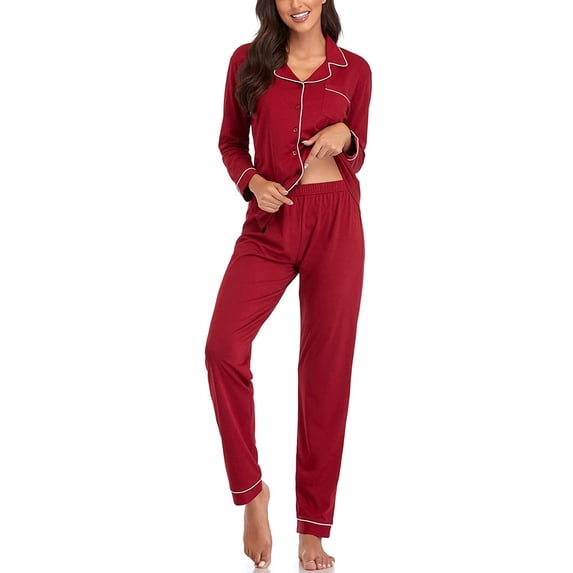 ketyyh-chn99 Womens Pajamas Maternity Sleepwear Set Women's Pure Color Top Pant Sleepwear Suit Cotton Long Sleeve Button Pajamas Set Slim Homewear