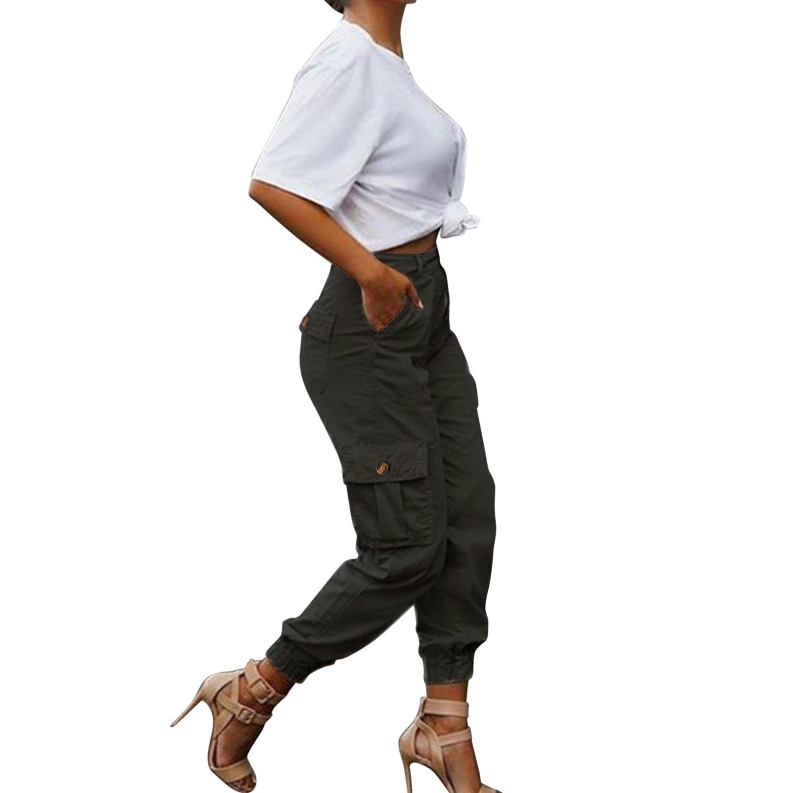 Women Black Front Button Paperback Waist Pants