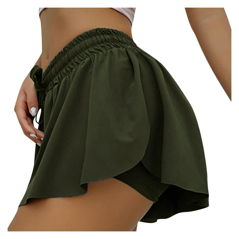 Women's Athletic Shorts High Waisted Running Shorts Pocket Sporty Shorts  Gym Elastic Workout Shorts - Army Green