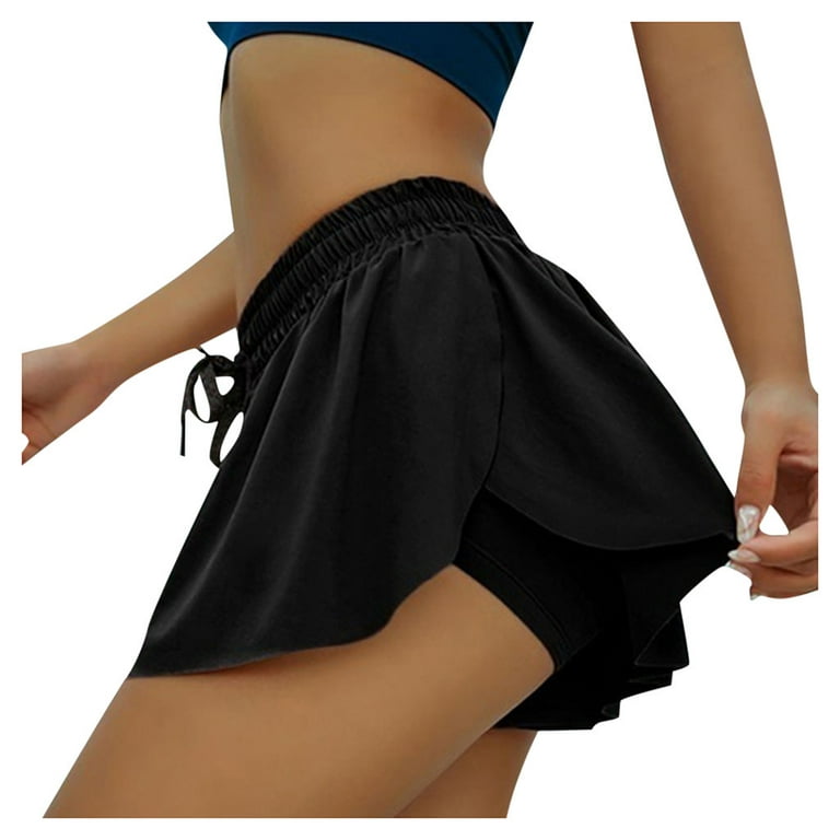 keusn flowy shorts women double-layer gym running tennis shorts high  waisted workout yoga biker butterfly skirts black m