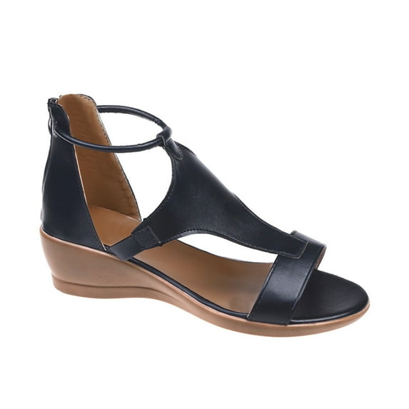 keusn gladiator sandals for women comfort wide width wedge sandals zipper round-toe shoes summer shoes with back zipper black size 8.5