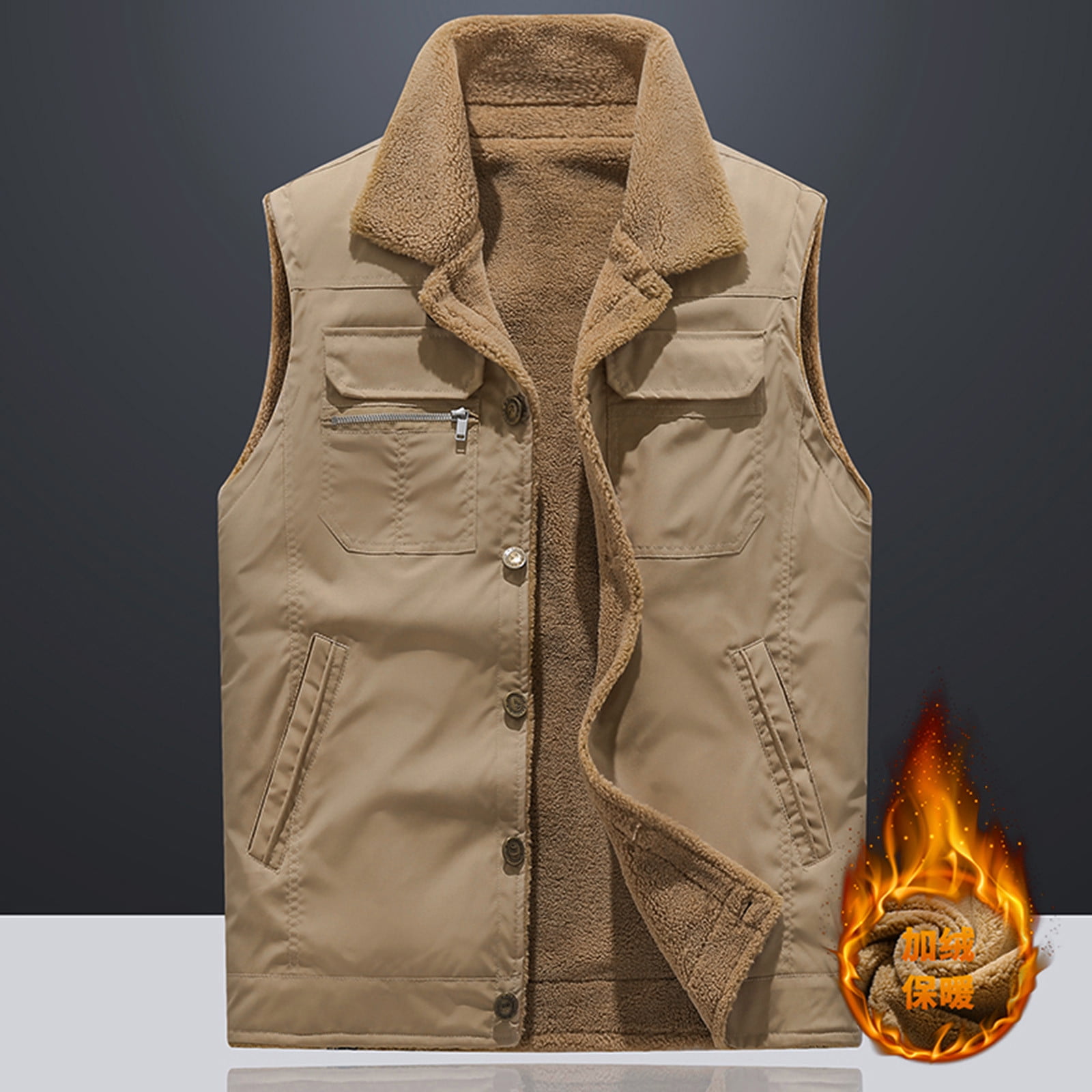 keusn men autumn and winter solid pocket sleeveless top jacket coats vest  blouse khaki xxxl