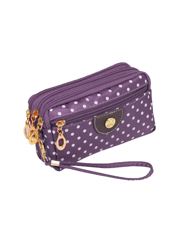 multi slots four zipper women wallet canvas big capacity lanyard coin purse change bag purple