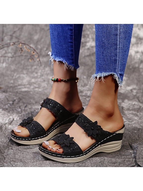 two band wedge slide sandal for women open toe breathable beach sandals slip-on casual wedges shoes black size 6.5-7